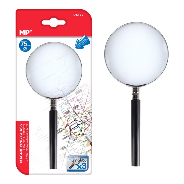 MP μεγεθυντικός φακός PA177, x3, 75mm, μεταλλικός με γυάλινο φακό, μαύρος/ασημί