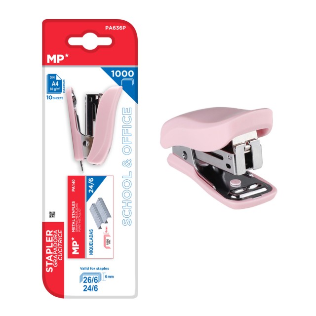 MP mini συρραπτικό PA636P με ανταλλακτικά, 24/6 - 26/6, 10 φύλλα, ροζ