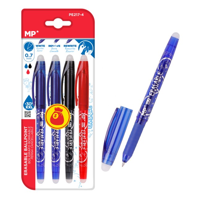 MP σετ στυλό διαρκείας PE217-4, erasable, 0.7mm, διάφορα χρώματα, 4τμχ