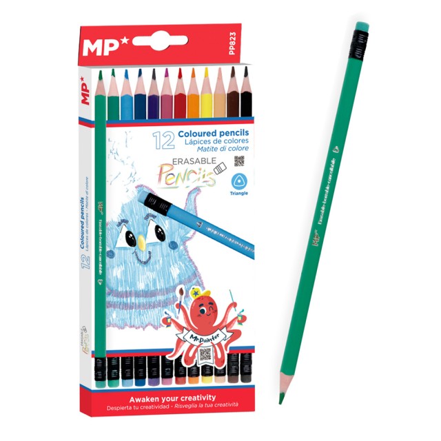 MP χρωματιστές ξυλομπογιές PP823 με γόμα, τρίγωνες, 12τμχ