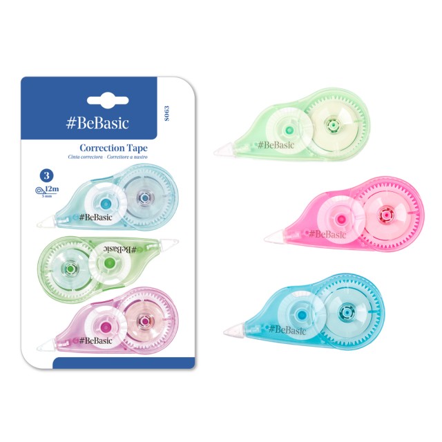 BEBASIC σετ διορθωτική ταινία S063, 5mm x 12m, μπλε/πράσινη/ροζ, 3τμχ