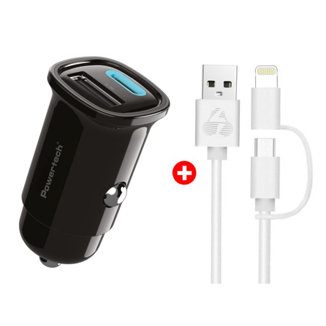 POWERTECH φορτιστής αυτοκινήτου με καλώδιο MFi USB σε micro USB/Lightning BNDL-0206, USB & USB-C, 30W, μαύρο/λευκό