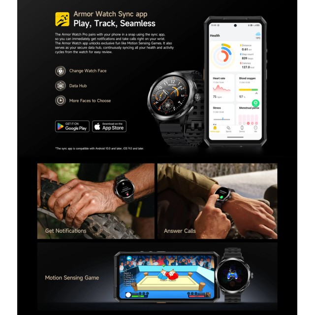 ULEFONE smartwatch Armor Watch Pro, 2x λουράκια, heart rate, 1.50" AMOLED, GPS, 5 ΑΤΜ/IP68/IP69K/MIL-STD-810H, μαύρο