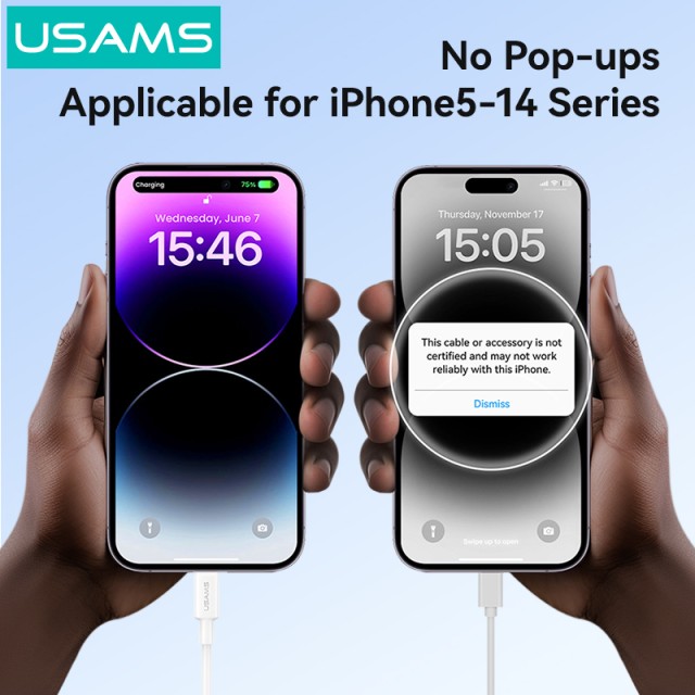 USAMS καλώδιο Lightning σε USB SJ762, 2.4A 12W, 480Mbps, 1m, λευκό