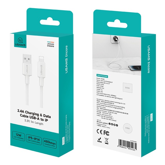 USAMS καλώδιο Lightning σε USB SJ762, 2.4A 12W, 480Mbps, 1m, λευκό