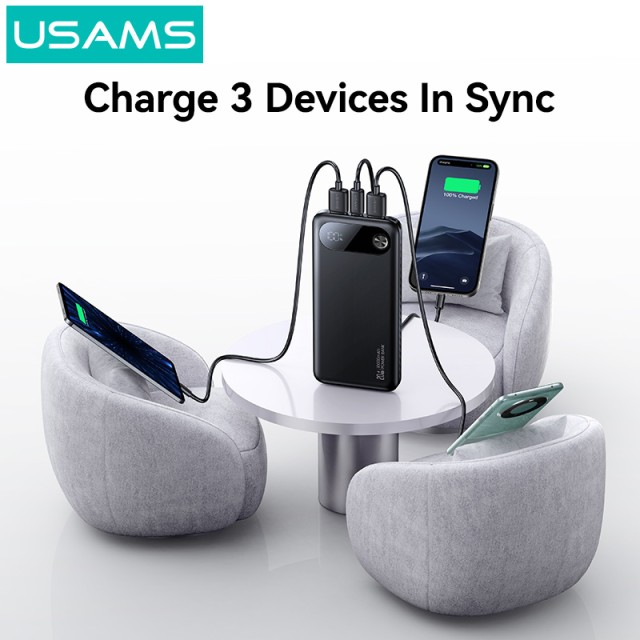 USAMS power bank CD249 με οθόνη, 3x θύρες εξόδου, 10000mAh, PD20W, λευκό
