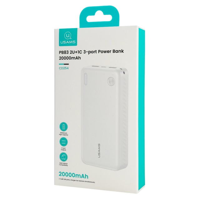 USAMS power bank CD254, 2x θύρες εξόδου, 20000mAh, 10W, λευκό