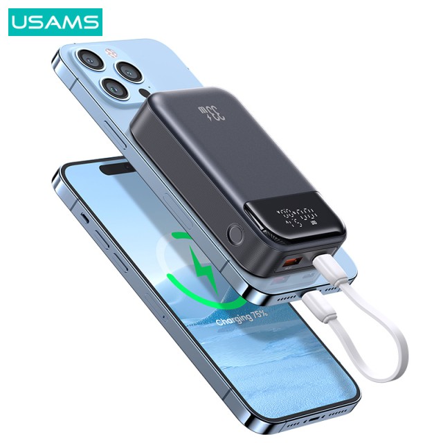 USAMS power bank CD221 με οθόνη, 2x θύρες εξόδου, 10000mAh, PPS 33W, γκρι