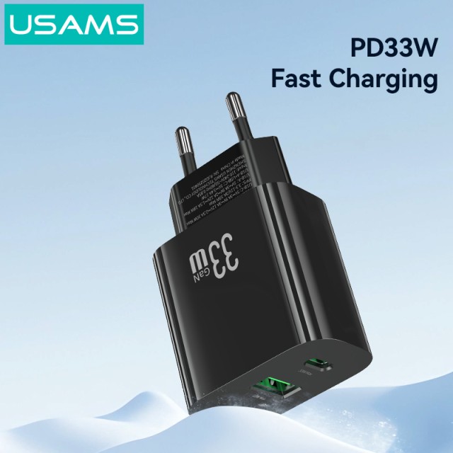 USAMS φορτιστής τοίχου CC317, USB & USB-C, 33W, GaN, μαύρος