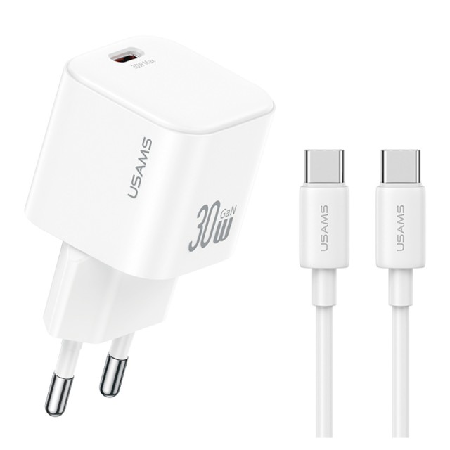 USAMS φορτιστής τοίχου CC262 με καλώδιο USB-C, 30W, GaN, λευκός