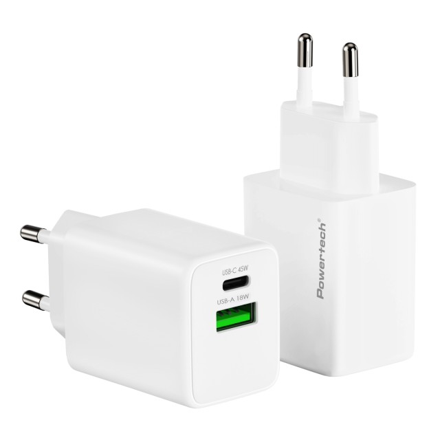 POWERTECH φορτιστής τοίχου PT-1551, USB/USB-C, 45W, GaN, AVS, λευκός