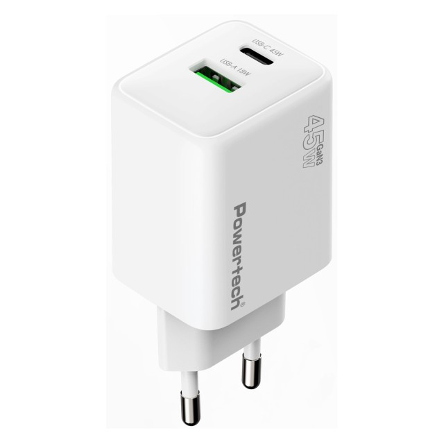 POWERTECH φορτιστής τοίχου PT-1551, USB/USB-C, 45W, GaN, AVS, λευκός