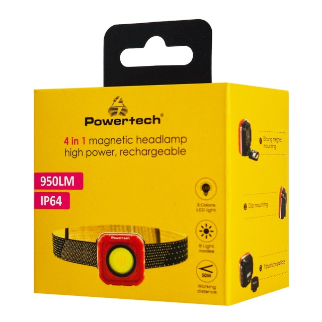 POWERTECH LED φακός κεφαλής PT-1548, 4 σε 1, επαναφορτιζόμενος, 950lm, IP64, κόκκινος