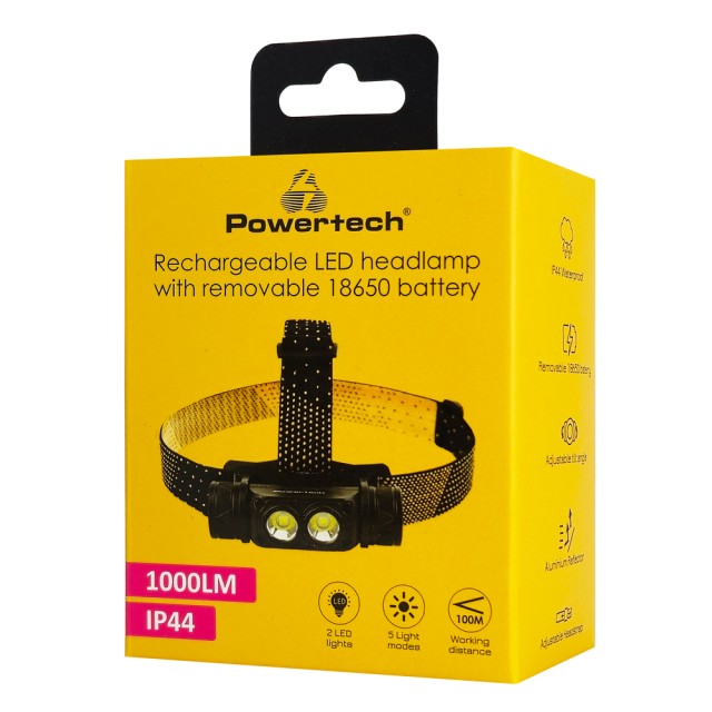 POWERTECH LED φακός κεφαλής PT-1549, επαναφορτιζόμενος, 1000lm, IP44, μαύρος
