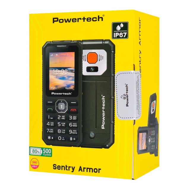 POWERTECH κινητό τηλέφωνο Sentry Armor, dual SIM, πλήκτρο SOS, 4G, IP67, μαύρο