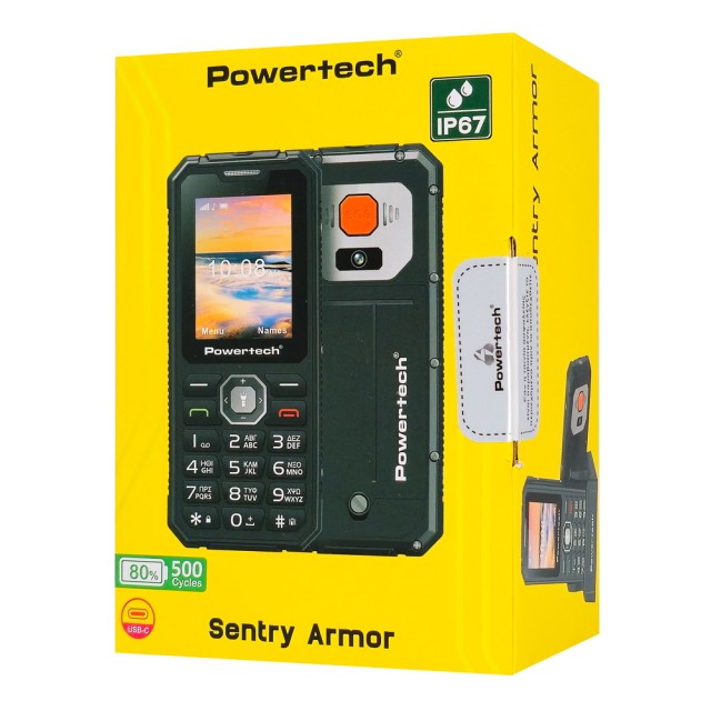 POWERTECH κινητό τηλέφωνο Sentry Armor, dual SIM, πλήκτρο SOS, 4G, IP67, χακί
