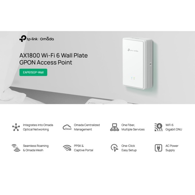 TP-LINK access point EAP615GP-Wall, WiFi 6, 1800Mbps AX1800, Mesh, GPON, V1.0