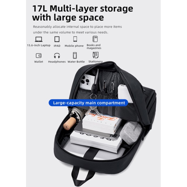 GOLDEN WOLF τσάντα πλάτης GB00705 με θήκη laptop 15.6", 17L, μαύρη