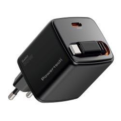 POWERTECH φορτιστής τοίχου PT-1571 με πτυσσόμενο καλώδιο, USB-C, 30W, GaN, μαύρος