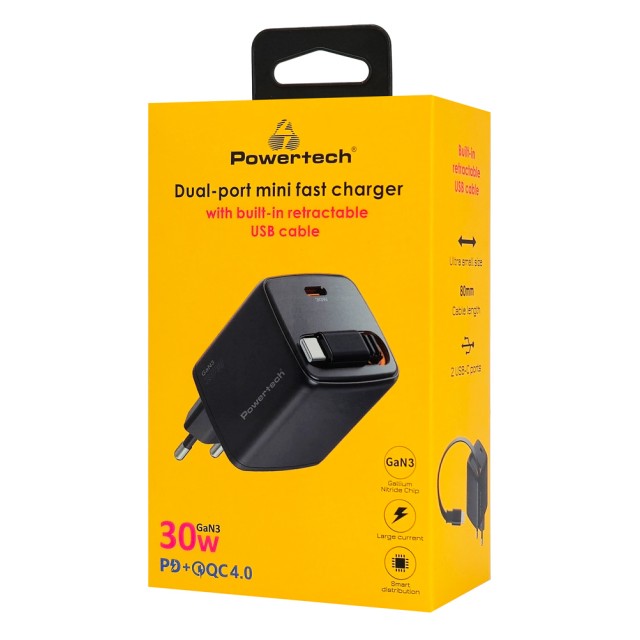 POWERTECH φορτιστής τοίχου PT-1571 με πτυσσόμενο καλώδιο, USB-C, 30W, GaN, μαύρος