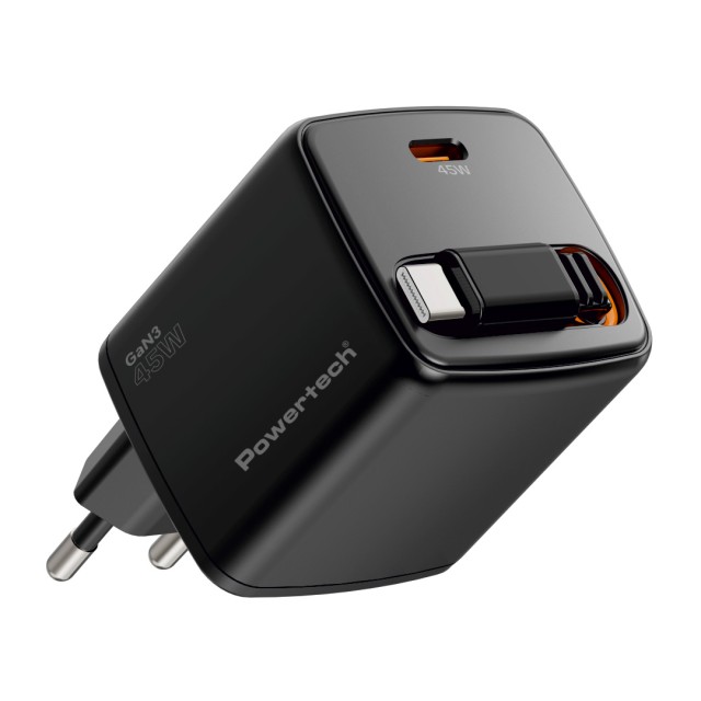 POWERTECH φορτιστής τοίχου PT-1572 με πτυσσόμενο καλώδιο, USB-C, 45W, GaN, μαύρος