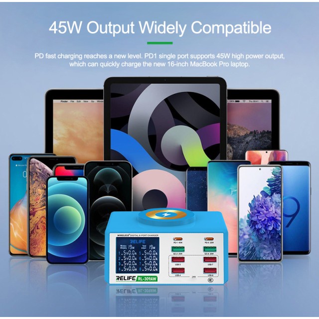 RELIFE σταθμός φόρτισης RL-309AW, 6x USB/2x USB-C/wireless, 100W, λευκός