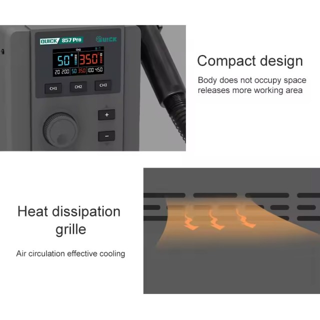 QUICK σταθμός θερμού αέρα QUICK857 Pro με air gun, 580W, 100-500 °C