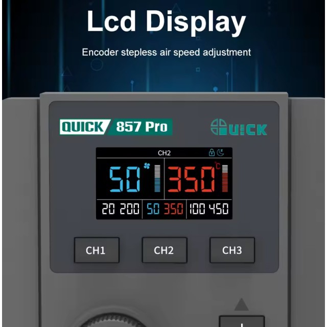 QUICK σταθμός θερμού αέρα QUICK857 Pro με air gun, 580W, 100-500 °C