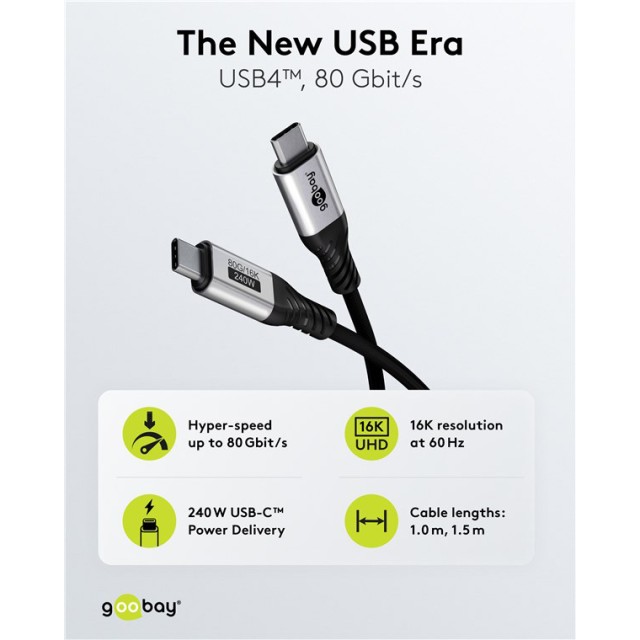GOOBAY καλώδιο USB-C 74776, USB4, 240W, 80Gbps, 16K/60Hz, 1.5m, μαύρο