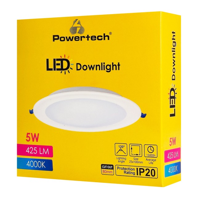 POWERTECH LED φωτιστικό downlight PT-1558, 5W, Φ100x25mm, 4000K, 425lm, λευκό