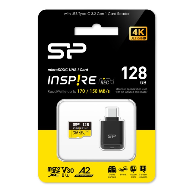 SILICON POWER κάρτα μνήμης microSDXC Inspire με card reader, 128GB, C10 UHS-I U3 V30 A2