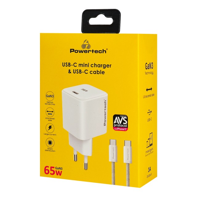 POWERTECH φορτιστής τοίχου PT-1577 με καλώδιο, USB-C, 65W, GaN, AVS, λευκός