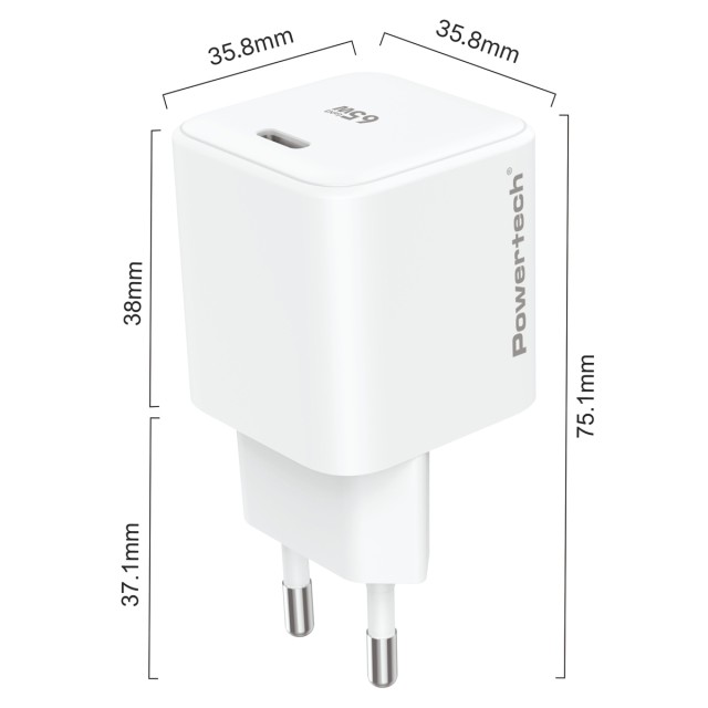 POWERTECH φορτιστής τοίχου PT-1577 με καλώδιο, USB-C, 65W, GaN, AVS, λευκός