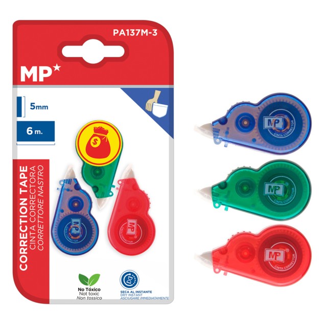 MP σετ διορθωτική ταινία PA137M-3, 5mm x 6m, μπλε/πράσινη/κόκκινη, 3τμχ