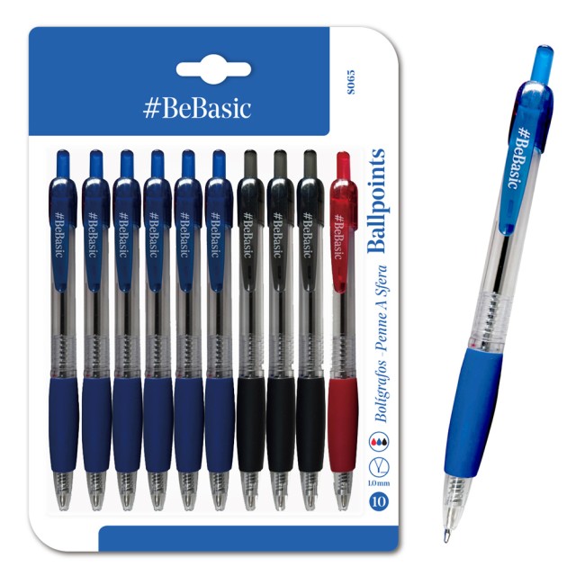 BEBASIC σετ στυλό διαρκείας ballpoint S065, 1mm μύτη, 14.5cm, μπλε/μαύρο/κόκκινο, 10τμχ