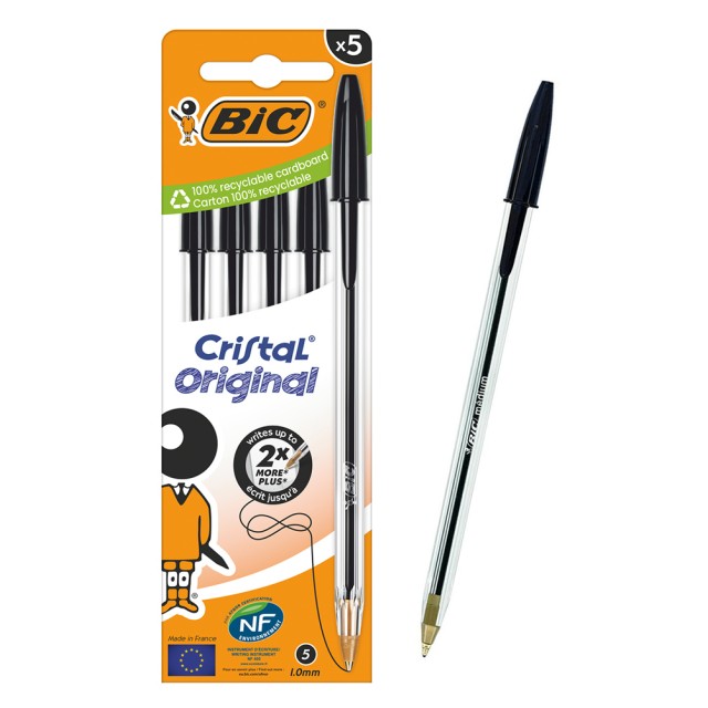 BIC στυλό διαρκείας ballpoint Cristal Original, 1mm μύτη, μαύρο, 5τμχ