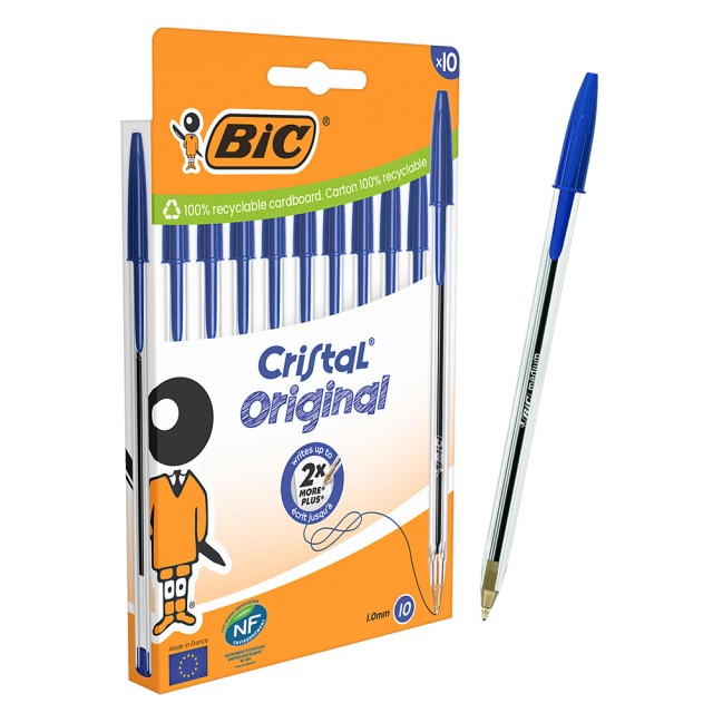 BIC στυλό διαρκείας ballpoint Cristal Original, 1mm μύτη, μπλε, 10τμχ