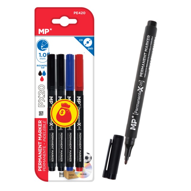 MP σετ ανεξίτηλος μαρκαδόρος PE420, 1mm μύτη, μαύρος/μπλε/κόκκινος, 4τμχ