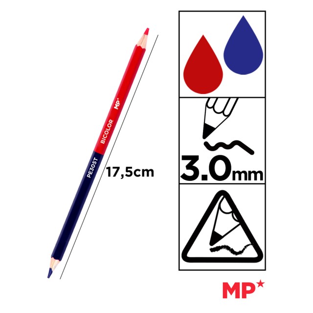 MP ξυλομπογιά με διπλή μύτη PE305T, 3mm μύτη, τρίγωνο, μπλε/κόκκινο, 3τμχ