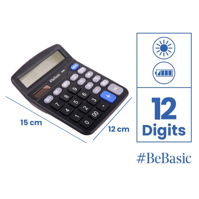 BEBASIC αριθμομηχανή S060, ηλιακό & μπαταρίας, 12 ψηφία, μαύρη