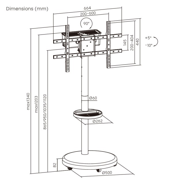 BRATECK βάση τηλεόρασης δαπέδου FS38-46TWE, 37-86", έως 50kg, με ράφι & cable management, ροδάκια, μαύρη