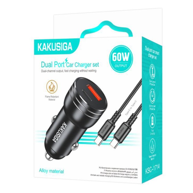 KAKUSIGA φορτιστής αυτοκινήτου KSC-1714 με καλώδιο USB-C, USB/USB-C, 60W, μαύρος