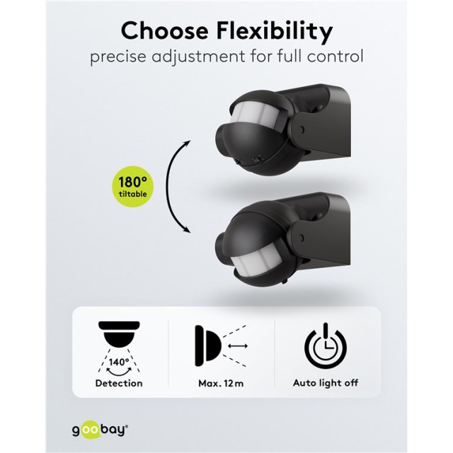 GOOBAY αισθητήρας κίνησης 79590, έως 12m, ρυθμιζόμενη κλίση, IP44, μαύρος