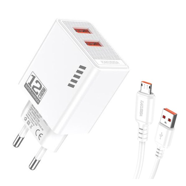 KAKUSIGA φορτιστής τοίχου KSC-1238 με καλώδιο micro USB, 2x USB, 12W, λευκός