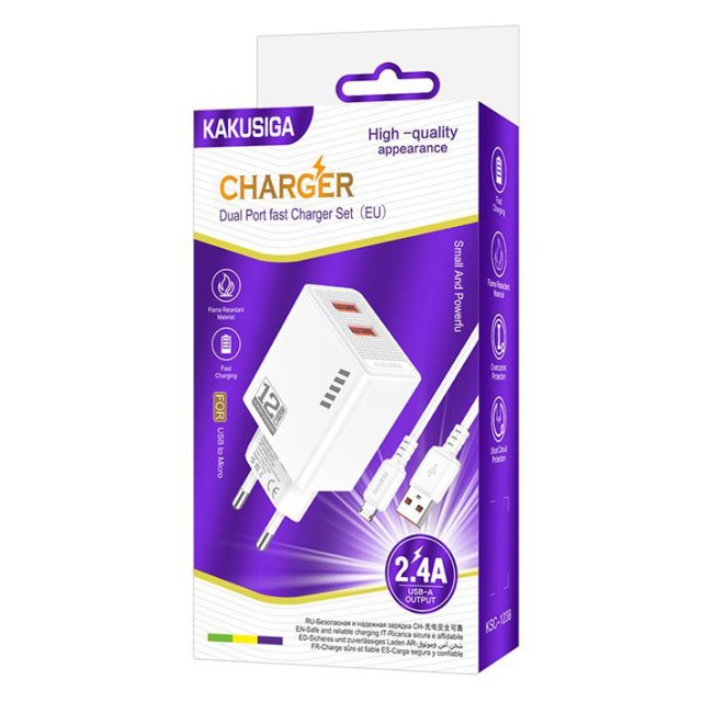 KAKUSIGA φορτιστής τοίχου KSC-1238 με καλώδιο micro USB, 2x USB, 12W, λευκός