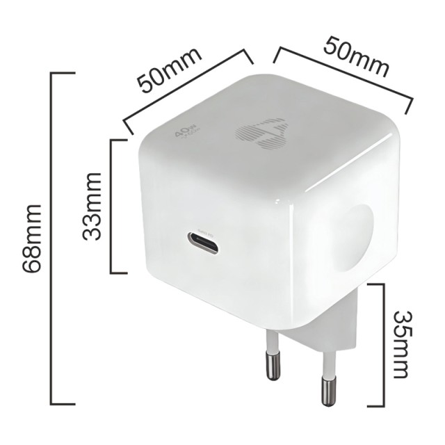 POWERTECH φορτιστής τοίχου PT-1581 με καλώδιο, USB-C, 40 έως 60W, GaN, AVS, λευκός