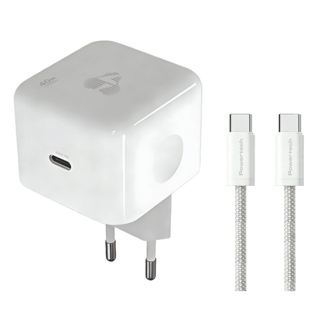 POWERTECH φορτιστής τοίχου PT-1581 με καλώδιο, USB-C, 40 έως 60W, GaN, AVS, λευκός