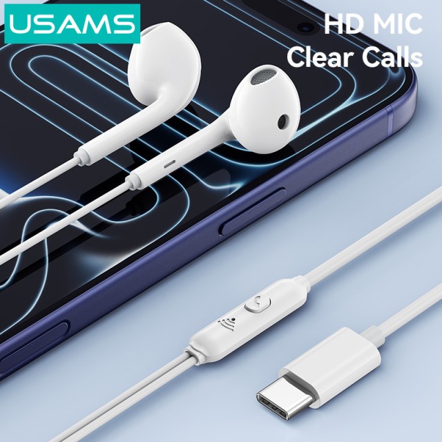 USAMS earphones με μικρόφωνο SJ771, USB-C σύνδεση, 1.2m, λευκά
