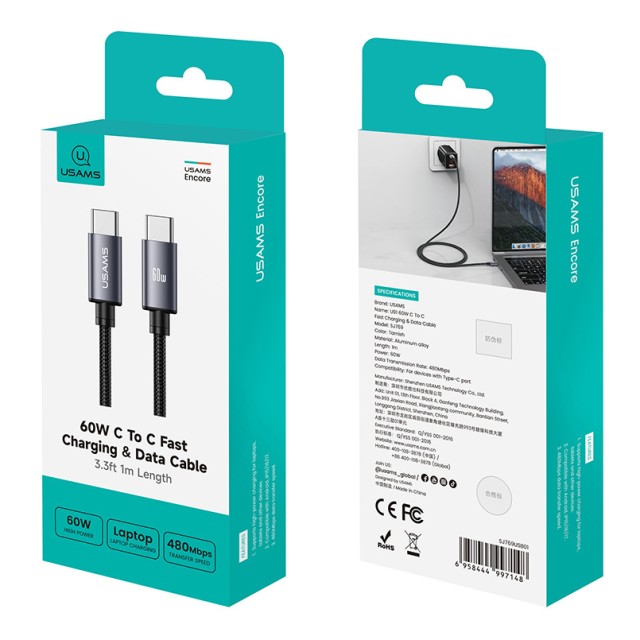 USAMS καλώδιο USB-C SJ769, 60W, 480Mbps, 1m, μαύρο