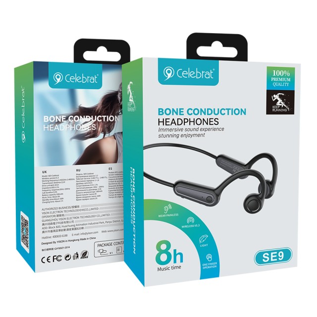 CELEBRAT neckband earphones SE9, OWS Bone Conduction, 16.3mm, 180mAh, μαύρα